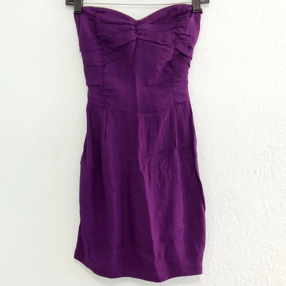 Myne Purple Gold Silk Strapless Mini Short w/ a Bow Dress 2 - Picture 2 of 6
